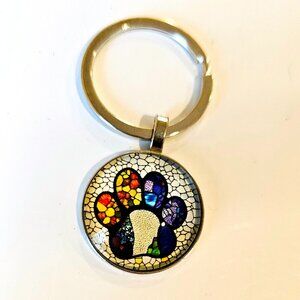 Colorful Mosaic Paw Print Keychain - Stained Glass Design